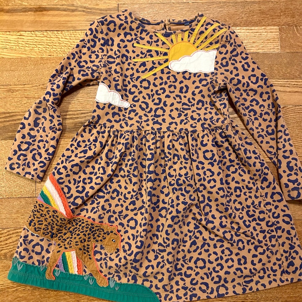 Mini Boden Leopard Print Dress with Sun and Rainbow 5-6Y